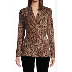Lands End Women Cotton Blend Cheetah Long Sleeve Wrap Top V Neck Size 2X A001829